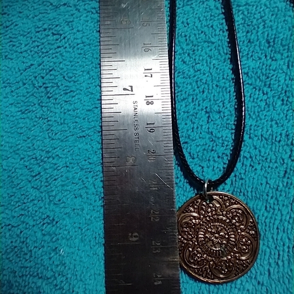 Bronze color black cord intricate design coin necklace - Picture 2 of 4